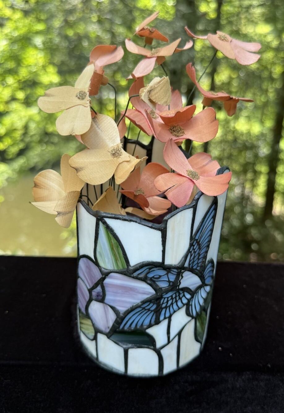 Tiffany Style Stained Glass Hummingbird & Floral Pen Holder Candle Holder Vase